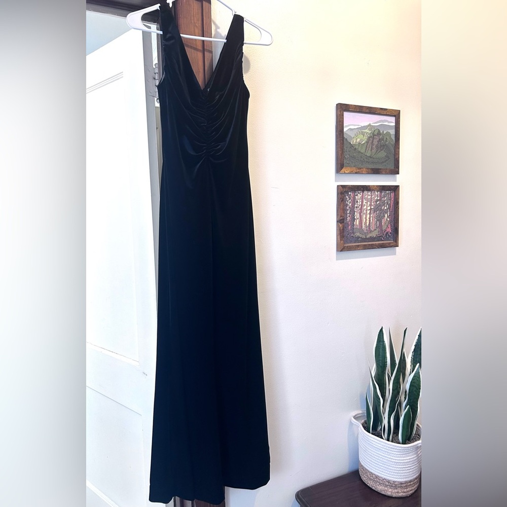 Onyx Black Velvet V-Neck Maxi Dress Vintage - Picture 2 of 9